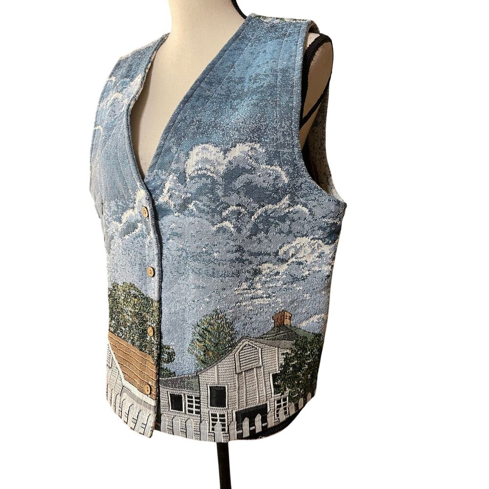 Blair Scenic Lighthouse Print Vest in Blue, White, Brown. Vintage grandmacore - Picture 7 of 12